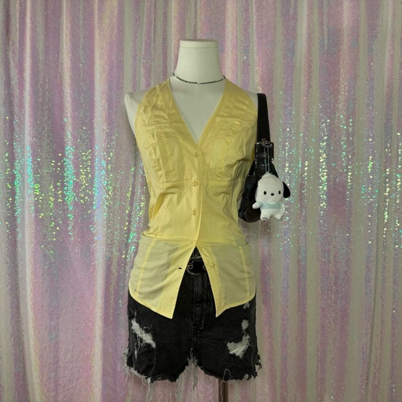 Moda International Light Yellow Button-Up Collared Ruffle Halterneck Top (M) ★ - Picture 1 of 8